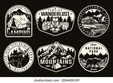 Camping vintage monochrome prints with tourist tent backpack wooden log travel car walking bear deer forest and mountains landscapes isolated vector illustration