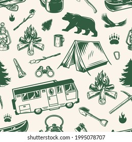 Camping vintage monochrome seamless pattern with motorhome bear eagle tent bonfire fir tree lantern flashlight cup canoe kettle showel binoculars ax carabiner pickaxe vector illustration