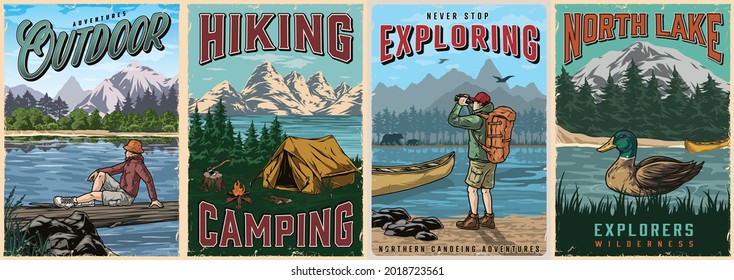 Camping vintage posters with duck in lake canoe tent campfire ax man hiker sitting on fallen tree and traveler looking through binoculars at bears forest and mountains landscape vector illustration