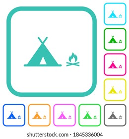 Camping vivid colored flat icons in curved borders on white background