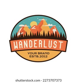 Camping wanderlust logo badge vector design with mountains. Camp badge graphics in retro style. Travel colorful emblem. Stock vector label