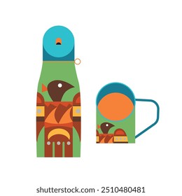 A camping water bottle and mug decorated with Native American folk patterns, isolated on a white background, camping gear vector illustration