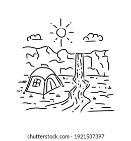 Camping in waterfall monoline design illustration
