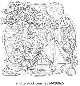 Camping at the waterfall.Coloring book antistress for children and adults. Illustration isolated on white background.Zen-tangle style. Hand draw