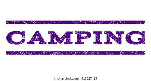 Camping watermark stamp. Text caption between horizontal parallel lines with grunge design style. Rubber seal stamp with dust texture. Vector indigo blue color ink imprint on a white background.