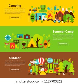 Camping Web Banners. Flat Style Vector Illustration for Website Header.