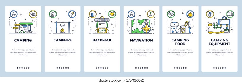 Sitio web de camping y pantallas de conexión de aplicaciones móviles. Plantilla vectorial de banner de menú para el desarrollo de sitios web y aplicaciones. Mochila, comida, equipo para acampar senderismo. Arte de línea delgada estilo plano