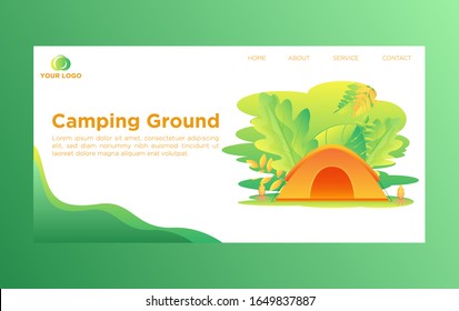 Concepto de sitio web de camping con tienda. Elemento de página de inicio del vector para el diseño de su sitio web. Paisaje de verano o primavera con río y hierba. Ilustración de fondo de material vectorial.