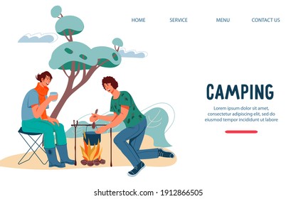 Camping website template with campfire couple, flat vector illustration. Hiking and outdoor recreation concept with camping travelers man and woman having rest.