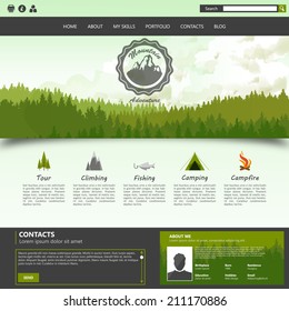 Camping Website template with  Label design and Mountains, pine forest  