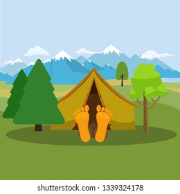 Camping weekend. Man is sleeping in a tent. Mountain peak and meadow landscape. Vector illustration.