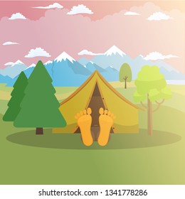 Camping weekend. Man is sleeping in a tent. Mountain peak and meadow landscape. Vector illustration.