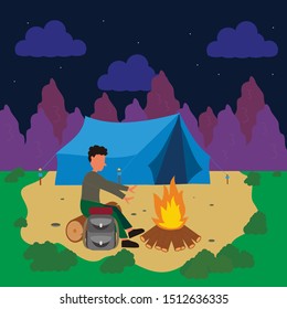 camping while warming the body with campfires and tents in the form of illustration vectors