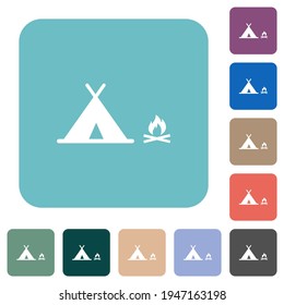 Camping white flat icons on color rounded square backgrounds