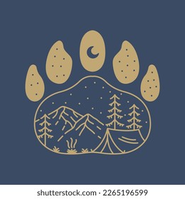 Camping in the Wild Bear Footprint Monoline Design Illustration for Apparel