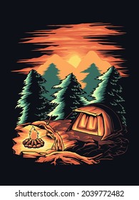 camping in the wild with a bonfire