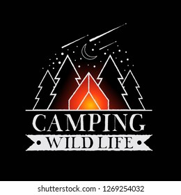 Camping Wild Life. Vector logo. North, original handmade logo. Serif font. Color. Authentic typeface. Camp badge.