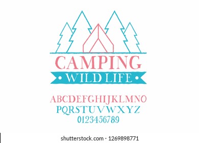 Camping Wild Life. Vector logo and alphabet font. North, original handmade logo. Serif font. Color. Authentic typeface.
