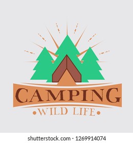 Camping Wild Life. Vector logo. North, original handmade logo. Serif font. Color. Authentic typeface. Simple style.