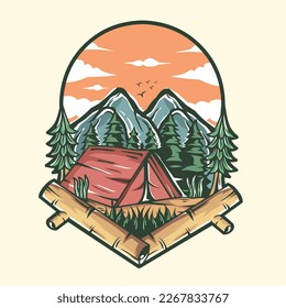 camping in the wilderness, adventure in the pine forest and mountains. nice design for print