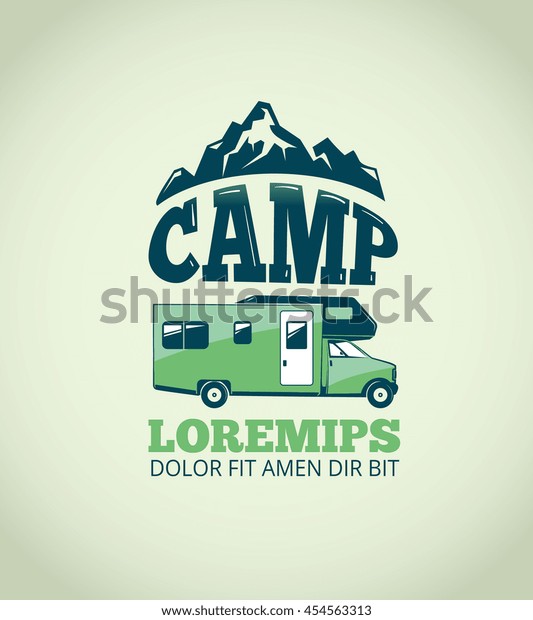Camping\
wilderness adventure vector background. Logo for camp and\
illustration emblem with trailer for\
camp