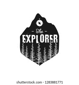 Camping Wildlife Badge. The Explorer Logo. Mountain adventure emblem in silhouette retro style. Featuring pine forest and text. Travel black patch. Stock vector hiking label isolated on white.