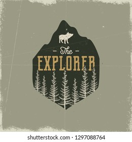 Camping Wildlife Badge. The Explorer Logo. Mountain adventure emblem in silhouette retro style. Featuring pine forest, pig and text. Travel patch. Stock vector hiking label isolated grunge background.