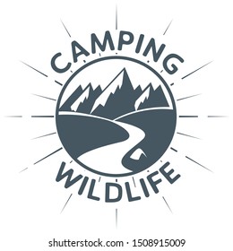 Camping Wildlife sign or symbol. Mountain adventure emblem in retro style, vector illustration