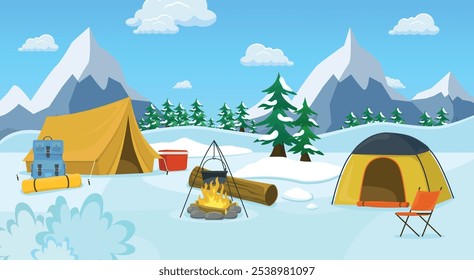 Camping in the winter forest with tents and a cauldron on the fire. Mountain landscape.