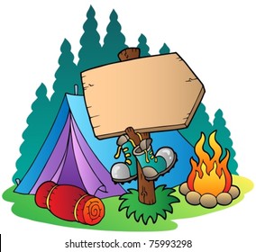 Camping wooden sign near tent - vector illustration.