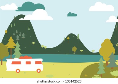 Camping wooden with tent and bus. Vector illustration
