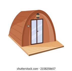 Camping wooden tent pod isolated on white background. Luxury comfortable glamping house. Summer outdoor recreation, vacation concept. Flat cartoon vector illustartion