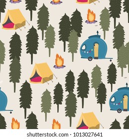 Camping in a woods. Hand drawn colored vector seamless pattern