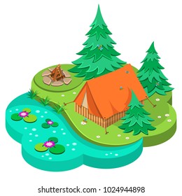 Camping in the woods near the lake. Forest, tent, fireplace, bees, water lilies and grass. 3D isometric view. Vector illustration.