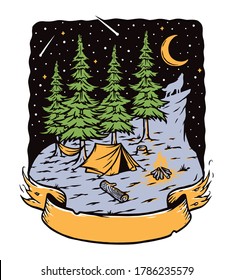 Camping in the woods at night vector illustration