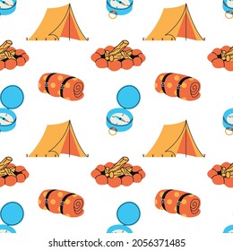 Camping in the woods seamless pattern vector illustration. Survival kit texture design. Tourist elements for expedition background. Adventure set wrapping.