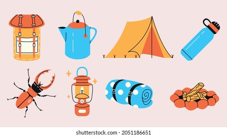 Camping in the woods simple elements collection. Adventure flat icons isolated set. Different survival objects in trendy flat design. Expedition equipment.