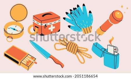 Camping in the woods simple elements collection. Adventure flat icons isolated set. Different survival objects in trendy flat design. Expedition equipment.