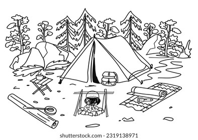 Camping in the woods, style line art,tent, backpack, mat, fire and plants black and white .