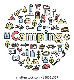 Camping word with icons - vector illustration