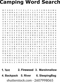 Camping Word Search Puzzle Tent, Firewood, Marshmallow, Backpack, River