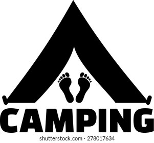 Camping word with tent and feet