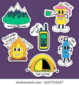 Camping y2k 2000s style sticker pack. Comic retro vintage doodle style vector illustration.