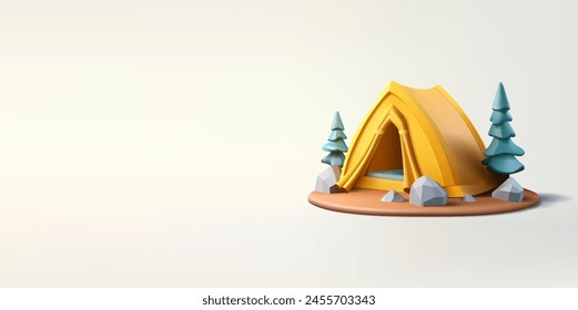 Camping, yellow tent, trees, 3D. Banner for concepts of summer vacation, lifestyle, travel, wildlife, leisure, and weekends. Vector