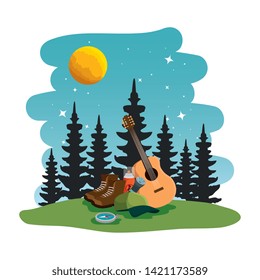camping zone with equipment at night scene