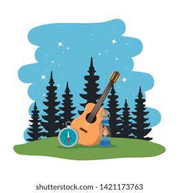 camping zone with guitar and compass scene