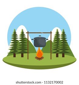 camping zone with pot cooking and campfire