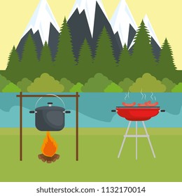 camping zone with pot cooking and campfire