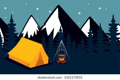 camping zone with tent and campfire at night scene