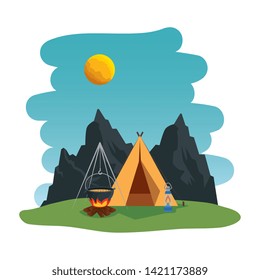 camping zone with camping tent and campfire scene